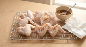 Raw whole chicken wings arranged on a wire cooling rack next to a small bowl of seasoning and paper towels, preparing halloween chicken wings spooky.