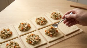 A hand using a spoon to place chicken filling onto rectangular pieces of dough on parchment paper, prepared for Halloween Chicken Mummy Wraps.