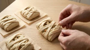 Dough strips wrapped around filled chicken pockets on a baking sheet, with a brush applying egg wash, prepared for Halloween Chicken Mummy Wraps.