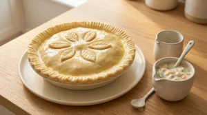 An assembled chicken pot pie with a decorative leaf top crust and crimped edges on a wooden table, preparing an easy homemade chicken pot pie.
