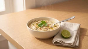 A steaming bowl of chili garnished with cilantro, served next to a lime half on a napkin for creamy white chicken chili.