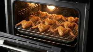 Chicken wings baking plain on a wire rack inside a lit oven until golden and firm, preparing halloween chicken wings spooky.
