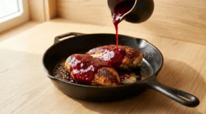 Cranberry glaze being poured from a pitcher over seared chicken breasts in a cast-iron skillet, prepared for Cranberry Glazed Chicken Breast.