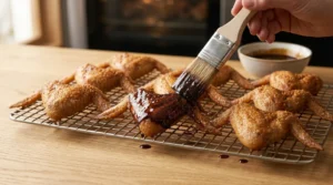 A hand using a pastry brush to coat baked chicken wings generously with dark balsamic bat glaze on a wire rack, preparing halloween chicken wings spooky.