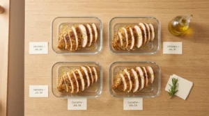 Four glass meal prep containers filled with sliced chicken breasts and labeled with dates on a wooden countertop, finalizing the chicken meal prep for week.