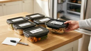 Meal prep containers labeled with days of the week on a light wood countertop, ready for high protein chicken bowl meal prep.