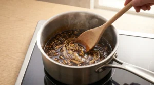 A wooden spoon stirring a dark, simmering glaze in a stainless steel saucepan on a stovetop, preparing halloween chicken wings spooky.