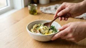 A bowl of softened butter mixed with fresh herbs, minced garlic, lemon zest, pepper, and salt, prepared for whole roast chicken thanksgiving.