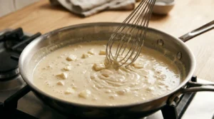 Preparing a rich, velvety cream sauce with broth, heavy cream, and cream cheese for Creamy Tuscan Chicken.