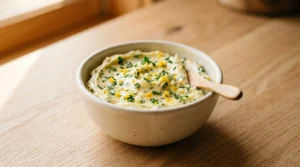 A bowl of freshly mixed herb butter with garlic, herbs, and citrus zest, prepared for Garlic Herb Roast Chicken.