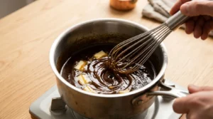 A rich pan drippings sauce simmering in a saucepan, prepared for Garlic Herb Roast Chicken.