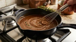 A saucepan filled with rich pan gravy simmering on the stove, prepared for whole roast chicken thanksgiving.