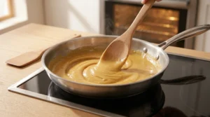 A wooden spoon stirring a smooth golden roux thickening in a stainless steel skillet on a stovetop, making a roux for easy homemade chicken pot pie.