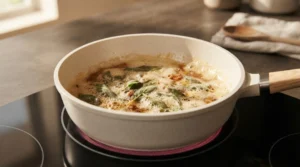 Sage leaves frying in foaming brown butter inside a light-colored saucepan on a stovetop, prepared for chicken and butternut squash.