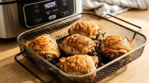 Golden and crispy chicken thighs being air fried at 400°F in an air fryer basket, prepared for keto air fryer chicken thighs.