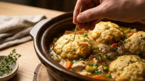 A toothpick being inserted into a cooked dumpling in a slow cooker to check for doneness, prepared for slow cooker chicken and dumplings