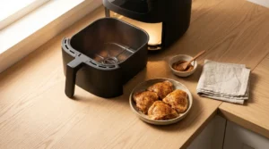 A black air fryer with its basket pulled open on a light wood countertop next to seasoned chicken thighs, prepared for keto air fryer chicken thighs.