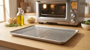A wire rack placed on a rimmed baking sheet on a wooden countertop with an oven preheating in the background, getting ready for chicken meal prep for week.