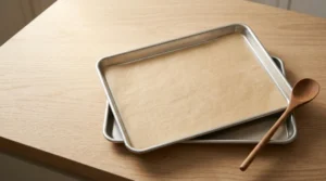 A clean metal baking sheet lined with parchment paper sitting on a light oak wood table, prepared for Halloween Chicken Mummy Wraps.