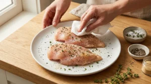 Raw chicken breasts being patted dry with a paper towel on a ceramic plate, seasoned with herbs and spices, prepared for Cranberry Glazed Chicken Breast.