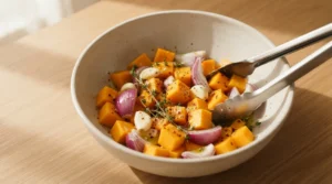 Butternut squash cubes, red onion wedges, and garlic cloves being tossed with olive oil and seasonings in a bowl, prepared for chicken and butternut squash.