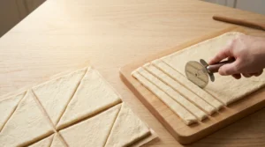 Dough triangles and dough being cut into strips with a pizza cutter on a wooden board, prepared for Halloween Chicken Mummy Wraps.