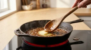 A wooden spoon stirring butter into a simmering glaze inside a cast-iron skillet on a stovetop, prepared for apple cider glazed chicken thighs.