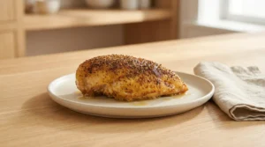 A seasoned roasted chicken breast resting on a ceramic plate next to a folded napkin on a wooden table, completing the resting step for chicken meal prep for week.