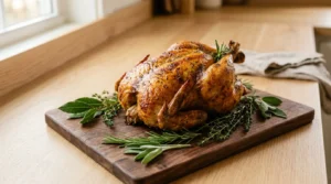 A roasted whole chicken resting on a wooden carving board surrounded by fresh herbs, prepared for Garlic Herb Roast Chicken.
