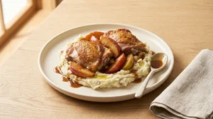 Glazed chicken thighs and roasted apples served over a bed of creamy mashed potatoes on a white plate, prepared for apple cider glazed chicken thighs.
