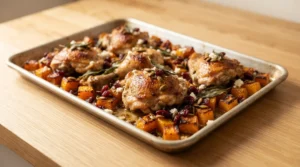 Roasted chicken and butternut squash garnished with cranberries, pepitas, and crumbled feta on a baking sheet, prepared for chicken and butternut squash.