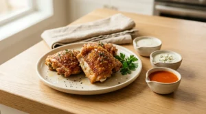 Crispy cooked chicken thighs served on a plate with small bowls of dipping sauces, prepared for keto air fryer chicken thighs.