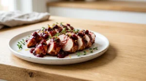 Sliced cranberry glazed chicken breasts arranged on a white ceramic plate, garnished with fresh thyme and orange zest, prepared for Cranberry Glazed Chicken Breast.