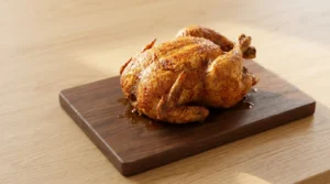 A roasted whole chicken resting on a wooden carving board, prepared for whole roast chicken thanksgiving.