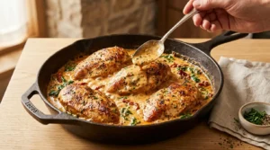 Spoon creamy sauce over seared chicken breasts nestled in a skillet for Creamy Tuscan Chicken.