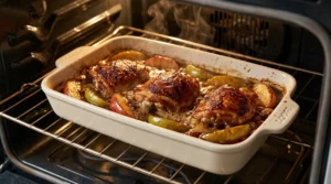 Chicken thighs and apple wedges roasting in a baking dish inside a lit oven until golden and sticky, prepared for apple cider glazed chicken thighs.