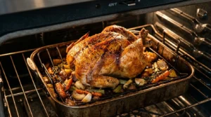 Roasting a whole chicken in the oven with scheduled basting for Garlic Herb Roast Chicken.