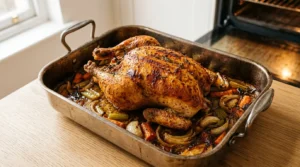 A whole chicken roasting in the oven with golden, crispy skin on top of a bed of aromatic vegetables, prepared for whole roast chicken thanksgiving.