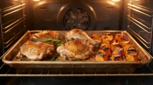 Chicken and butternut squash roasting on a baking sheet inside a lit oven until the skin is deep golden and the squash is caramelized, prepared for chicken and butternut squash.