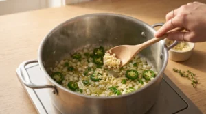 A wooden spoon adding minced garlic into a large pot with sautéing onions and jalapeño slices in olive oil, cooking aromatics for creamy white chicken chili.