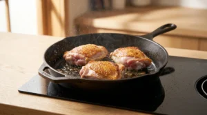 Seasoned chicken thighs searing skin-side down in a cast-iron skillet on a stovetop burner, prepared for apple cider glazed chicken thighs.