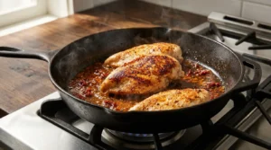 Searing seasoned chicken breasts in a skillet using sun-dried tomato oil for Creamy Tuscan Chicken.