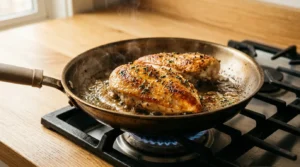 Chicken breasts searing in a hot skillet on a stovetop until golden brown, prepared for Cranberry Glazed Chicken Breast.