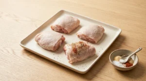 Raw bone-in chicken thighs on a rectangular plate next to a small bowl of mixed spices, prepared for apple cider glazed chicken thighs.
