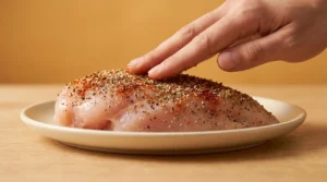 A close-up of a hand gently pressing a dry rub seasoning blend onto a raw chicken breast resting on a plate, preparing the chicken meal prep for week.