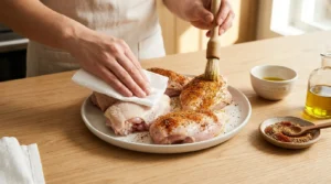 A person patting chicken dry with a paper towel and brushing it with olive oil on a white plate, prepared for high protein chicken bowl meal prep.