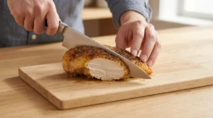 A close-up of a chef using a chef's knife to slice a warm roasted chicken breast against the grain on a wooden cutting board, portioning for chicken meal prep for week.