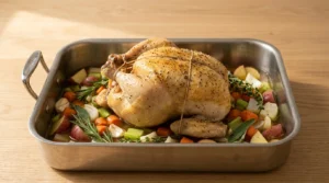 A trussed whole chicken placed breast-side up on top of chopped vegetables and broth in a roasting pan, prepared for Garlic Herb Roast Chicken.