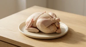 A whole chicken with tucked wing tips and drumsticks tied together with kitchen twine, prepared for whole roast chicken thanksgiving.