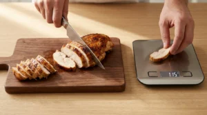 A person slicing cooked chicken against the grain on a wooden cutting board and weighing portions on a digital kitchen scale, prepared for high protein chicken bowl meal prep.